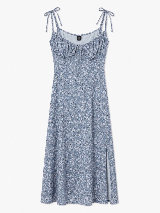Dresses & Skirts - Blue Gray Floral Print Slip Midi Dress with Side Slit